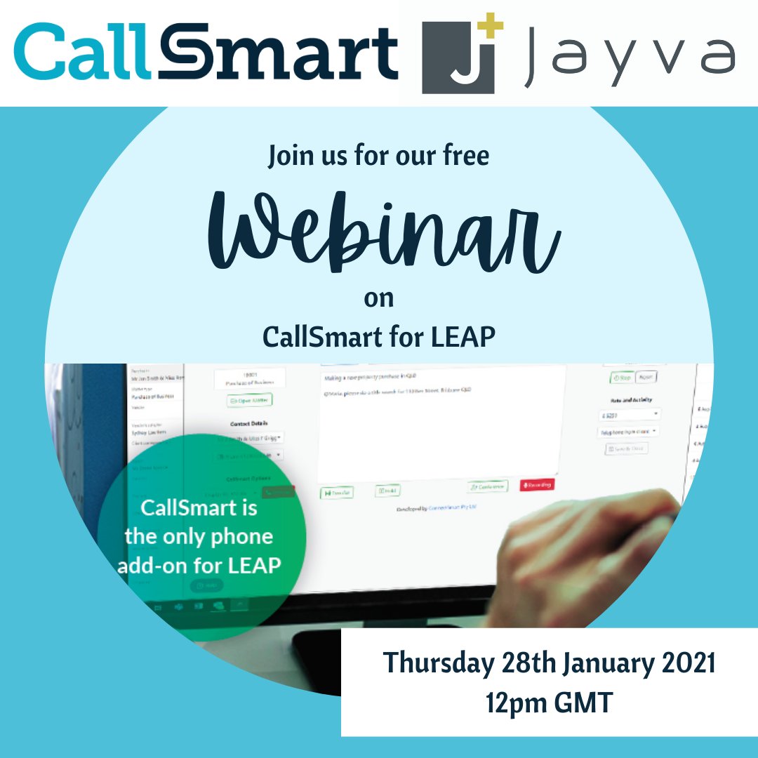 JayvaGlobal's tweet photo. Join us for this exciting webinar on 28th January with @NicMM80. Seamless integration with the @LEAP4LawFirms software, #CallSmart will revolutionize the way your #lawfirm in the #UK & #Ireland manages incoming and outgoing calls. REGISTER NOW:
https://t.co/jQXGvctkxB https://t.co/tOMvXUno6U