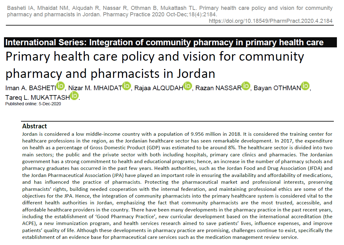 Pharmacy Practice on Twitter: "Primary health care policy and vision for  community pharmacy and pharmacists in Jordan. Developments in pharmacy  practice are promising, challenges continue to exist, specifically the  establishment of an