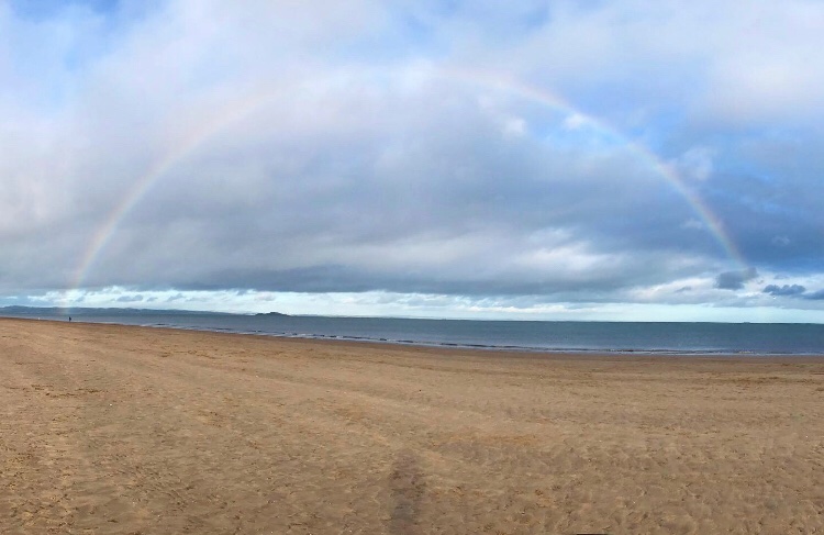 Hope for brighter days ahead...a panorama of dreams on Portobello Beach on my run earlier today #rainbow #beach #Edinburgh #outdoors #lockdownexercise