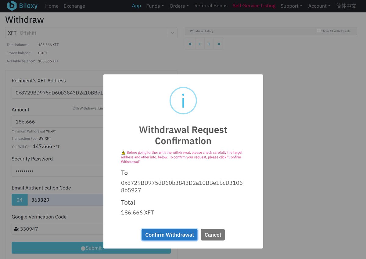 4/ A 20  $XFT test deposit from a user verified this to be the exchange's hot wallet for XFT, with no identifiable cold wallet.It was suspected  @Bilaxy_exchange now only had 120 XFT to account for nearly $1m in daily trade volume, so the user bought ~186 XFT & tried to withdraw.