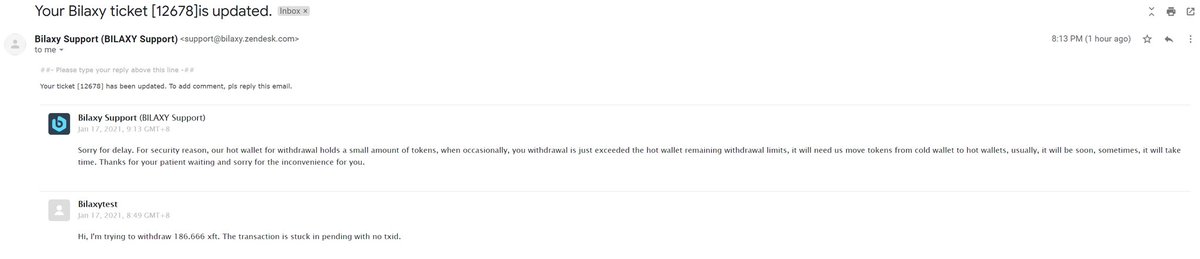 5/ (^Note the 39  $XFT withdrawal fee, ~ $62 at the time.)The withdrawal became stuck in "processing," so the user messaged support. Their reply is below.