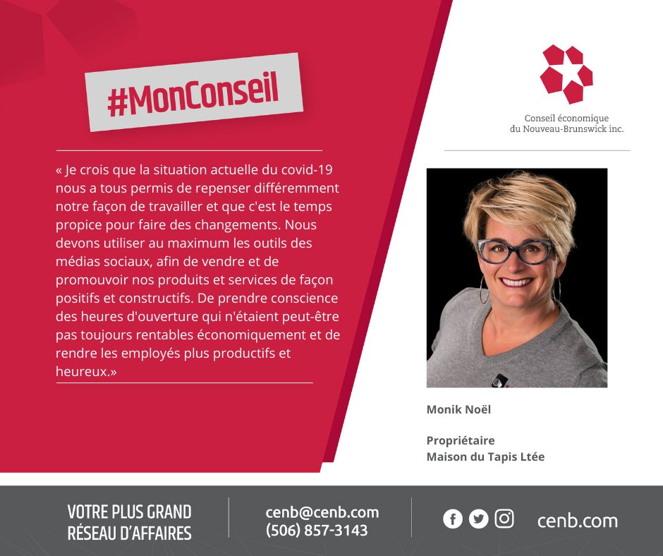 cenb1979's tweet photo. #MonConseil du jour : Monik Noel, Maison du Tapis Ltée
#entrepreneure #inspiration #Motivation #CENB https://t.co/SVayKZqIYG