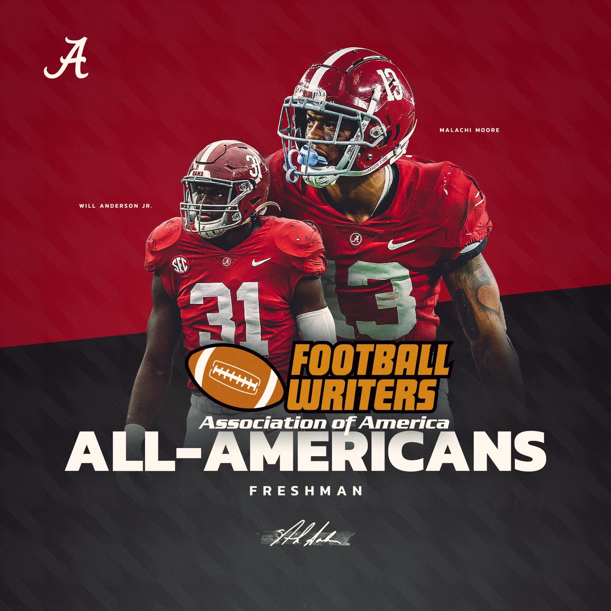 Defensive Duo ➡️ Freshman All-Americans 

<a href="/will_anderson28/">William Anderson jr</a> ➡️ Shaun Alexander-FWAA Freshman of the Year

#BamaFactor #RollTide