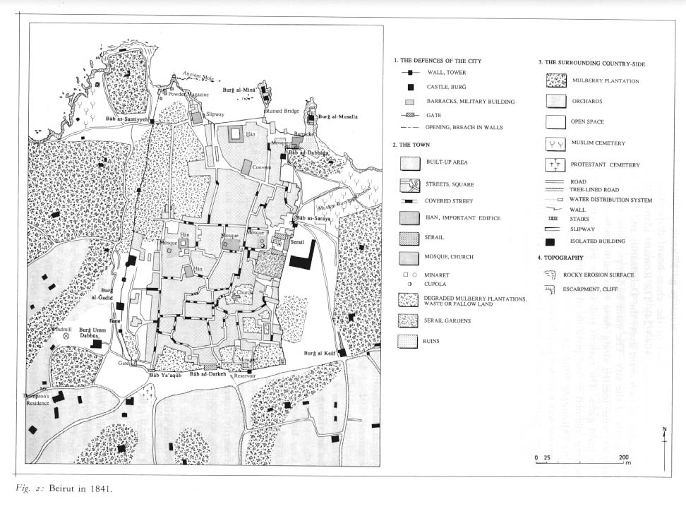 6) The wall as it appears in these maps is a product of long term reworking with its final shape dating to the period of Ahmad Pasha al-Jazzar (1775-1825). The city wall and the gates, however, will disappear by the 1920s through successive urban renewal works-rm