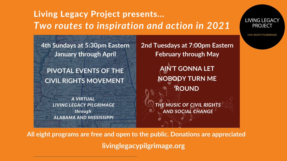 Two fabulous online series from Living Legacy Project (uulivinglegacy.org) to inspire, educate, and motivate starting this Sunday evening, 1/24/2021. All events are free! Please join us and spread the word! #llp21 #CivilRights #civilrightsmusic #civilrightsmovement