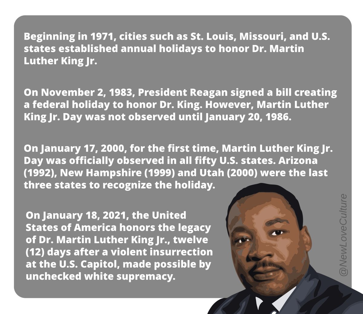 newloveculture's tweet photo. Today, the USA honors the legacy of #MLK, 12 days after #USCapitolViolence was made possible by unchecked #WhiteSupremacy. 

#ourlivesmatter #BlackLivesMatter #MLKDay #MartinLutherKingJr https://t.co/YT8NSJe3c2