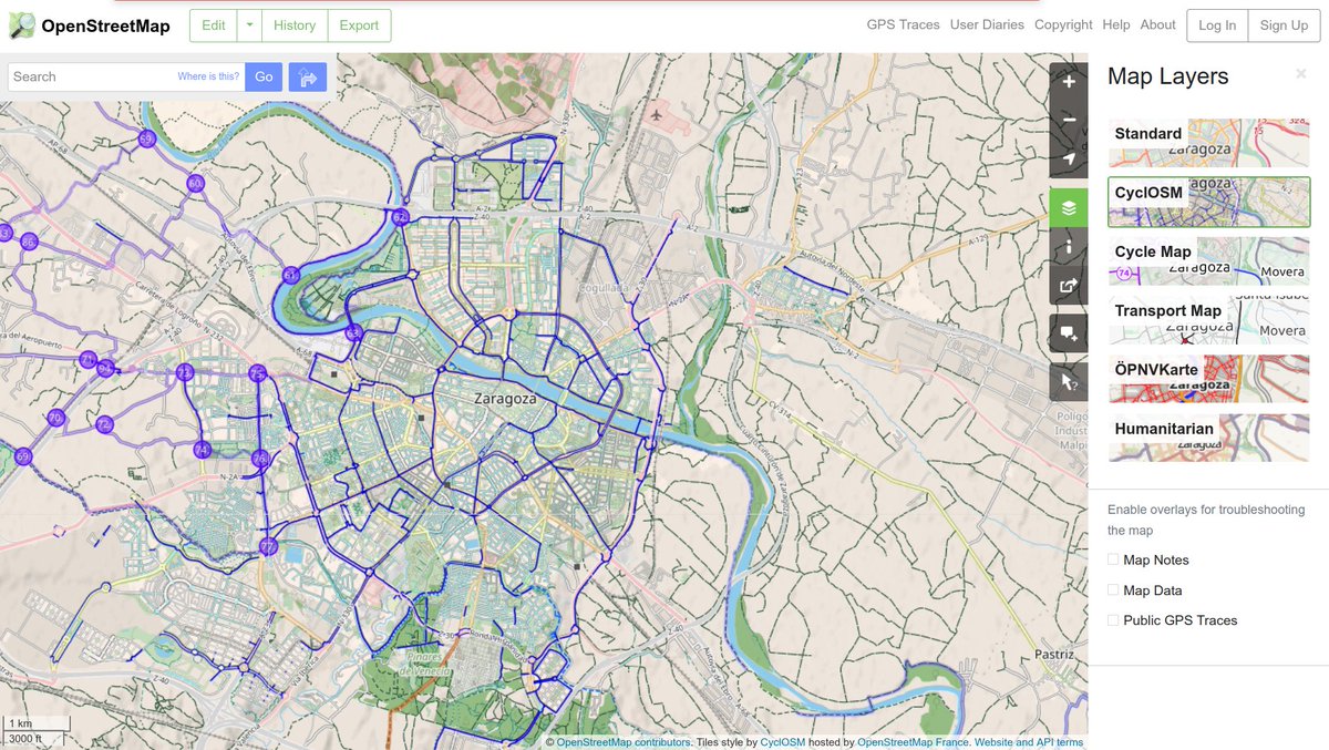 MapColabora's tweet image. Has visto ya el nuevo render de la web de @OpenStreetMap #CyclOSM?? Aquí sobre #Zaragoza. Ya no hay excusas para ver los #carrilesbici y otra infraestructura #ciclista de la ciudad en tu base de datos espacial libre favorita!!  openstreetmap.org/#map=13/41.655… cc @openstreetmapes #OSM