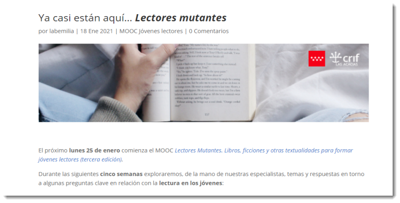 10, 9, 8… El lunes 25 arranca el #MOOC Lectores mutantes #LecturaCRIF con <a href="/freddygoncalves/">Freddy Gonçalves Da Silva</a>, <a href="/bertrand_sara/">Sara Bertrand</a>, <a href="/jmtomasena/">josé miguel tomasena</a>, <a href="/RamadaPrieto/">Lucas “Rookie”</a>, <a href="/larameana/">lara meana</a>... En el blog del curso te damos algunas pistas➡️bit.ly/3ioPBvs ¡Apúntate!👉bit.ly/3nX9rPA <a href="/CRIFAcacias/">CRIF Las Acacias</a> <a href="/labEmilia/">Laboratorio Emília</a>