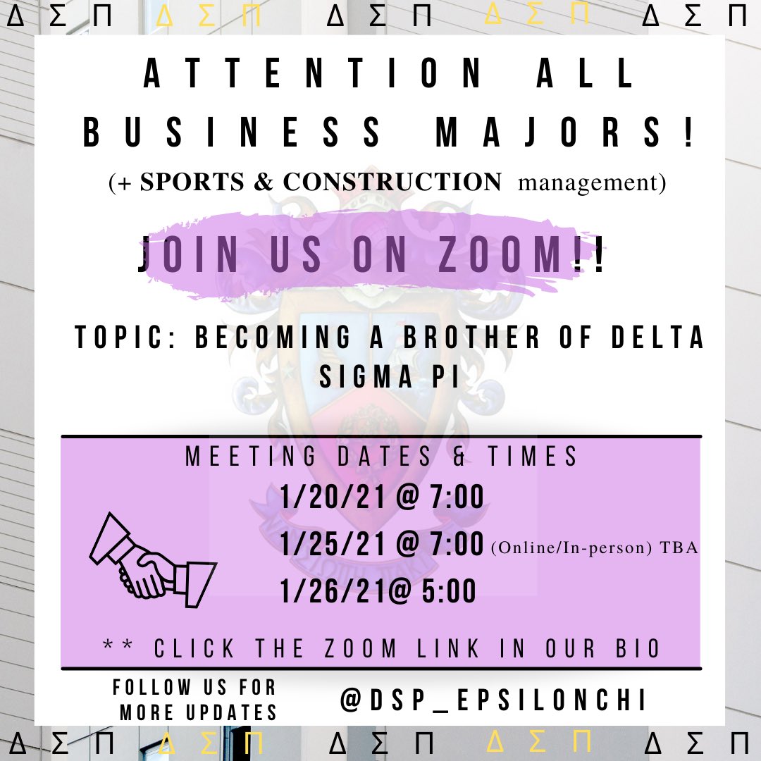 dsp_epsilonchi's tweet image. We will be having our first informational zoom session this week . Join us to learn more about becoming a professional, advancing in the business world  and more !! 

Meeting ID: 829 7459 4574
Passcode: DSP1234 

See you there !!  💜💛

#business #recruitment #georgiasouthern