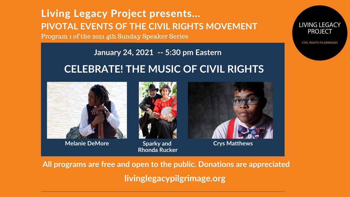 Crys Matthews, one of the new generation of social justice music makers, Melanie DeMore, vocal activist &amp; preservationist of African American Folk Tradition, Sparky and Rhonda Rucker, civil rights activists &amp; folk singers. Come sing along! uulivinglegacy.org/crspeaker1.html #uu #uuthevote