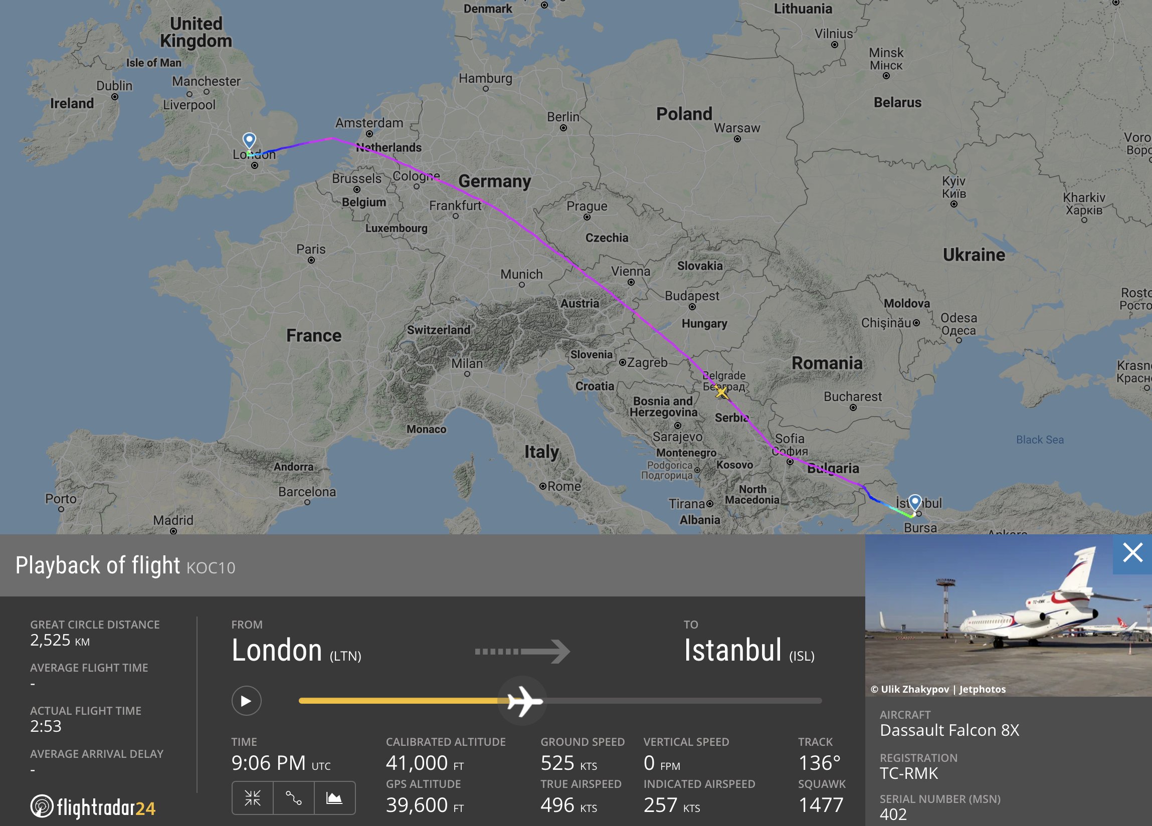 The flight path of flight KOC10 from London to Istanbul