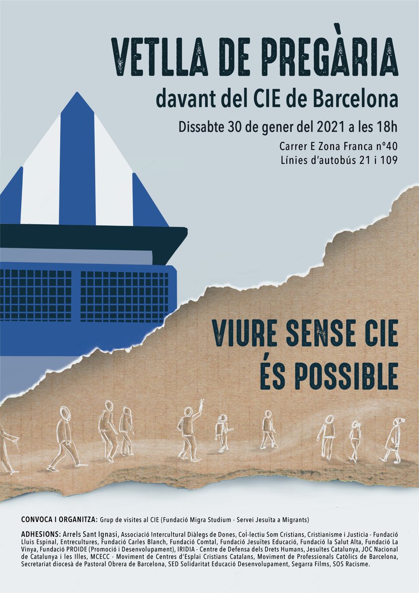 Aquest cap de setmana ja s'han adherit una vintena d'entitats a la setena Vetlla de Pregària davant el #CIE de #Barcelona 
Si encara vols adherir-te, respon aquest formulari:  bit.ly/adhesionsVETLLA
#nomésCIE #viuresenseCIE