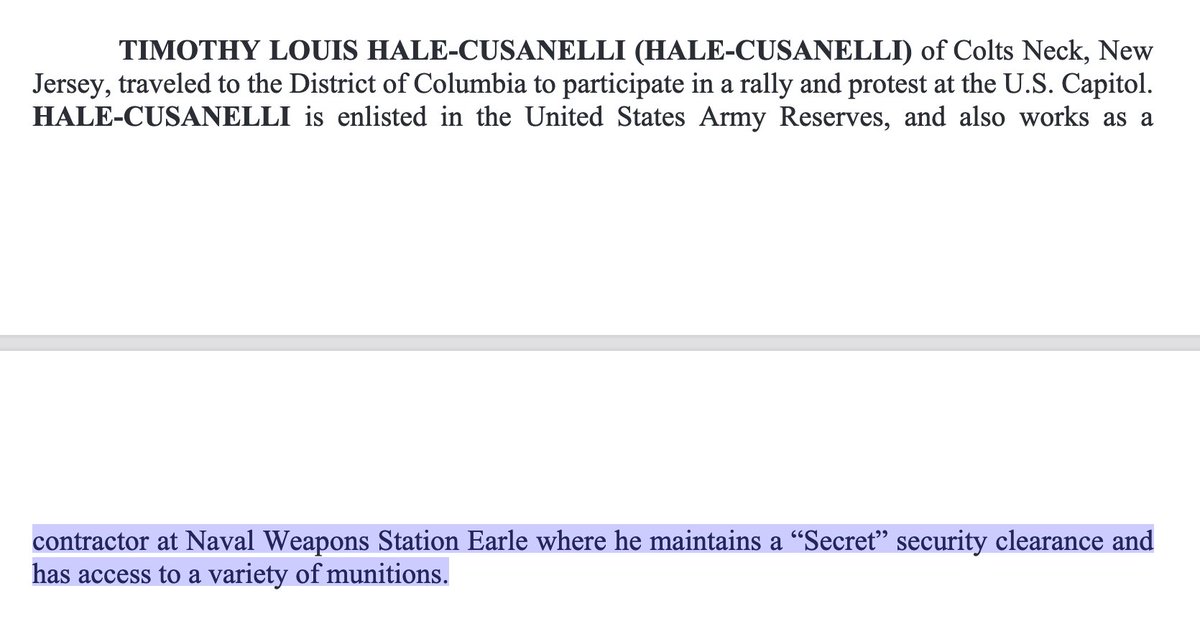 A chilling detail from court papers:
Hale-Cusanelli is a "contractor at Naval Weapons Station Earle where he maintains a 'Secret' security clearance and has access to a variety of munitions." https://t.co/RuWIte4wYv