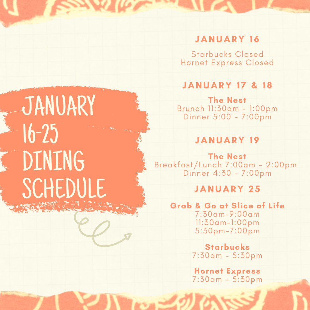 ESUDining's tweet photo. Hey, Hornets! Take note of the updated hours this week!
#esu #emporiastate #stingersup #sodexo #esudining https://t.co/vt5hpoRUbY