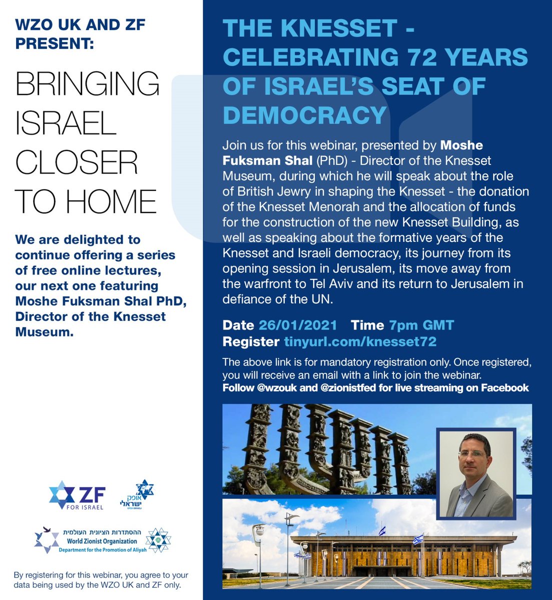 Join our FREE #webinar The Knesset - 72 years of Israel's Democracy on Tu B’Shvat - the New Year of the Trees!
What was the role of British Jewry in shaping the Knesset and the donation of the Knesset Menorah?
* 26th January <a href="/7pm/">Huong Le</a> GMT *
ZOOM us02web.zoom.us/j/81891711329 
FB LIVE @WZOUK