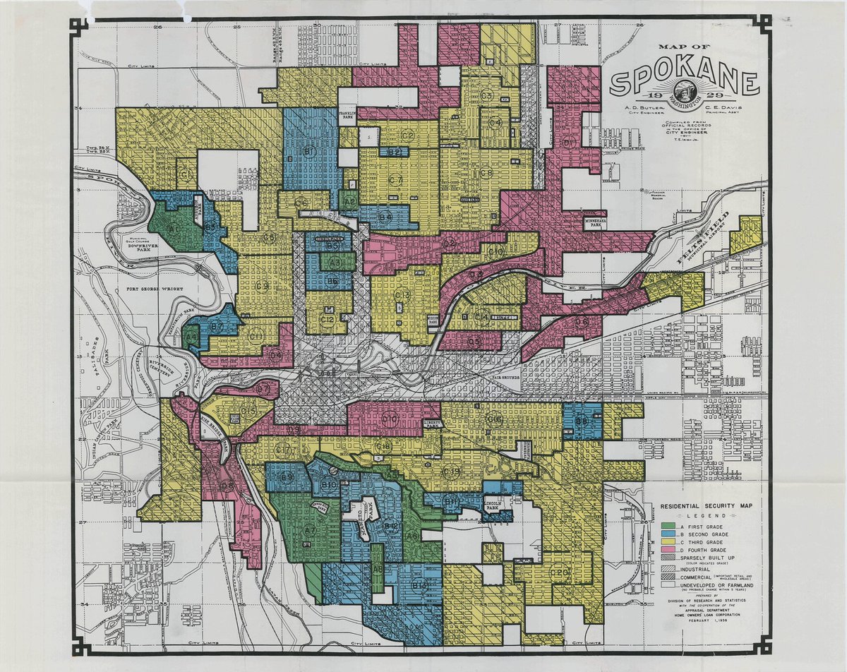 This redlining map of  #Spokane from 1929 makes painfully clear that the legacy of racist housing discrimination continues today.