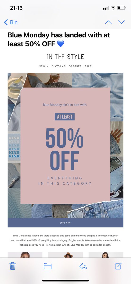 Not sure “blue Monday” and all the mental health challenges we have at the minute should be used to promote half price fast fashion <a href="/inthestyleUK/">In The Style</a> #mentalhealth #MentalHealthMatters #MentalHealthMonday #MentalHealthAwareness #BlueMonday #fastfashion