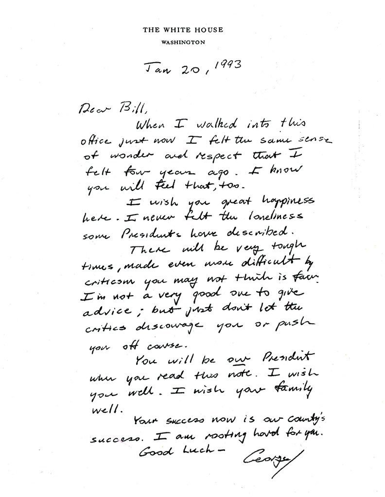 DonHarris4's tweet photo. President George H.W. Bush's letter to Bill Clinton left on the resolute desk on inauguration day 1993. An example of grace and class. https://t.co/T0rlJRZxtu