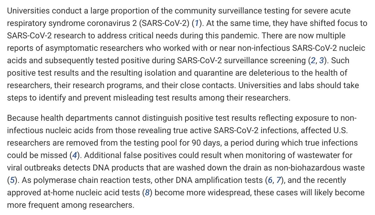 johnabachman's tweet photo. Interesting--researchers working on SARS-CoV-2 are testing positive (and hence required to quarantine) not because they are infected but because they are contaminated with SARS-CoV-2 nucleic acids from lab.

Could affect Boston wastewater testing also.

https://t.co/gC63nWqdTJ https://t.co/jbTkZuTUjR