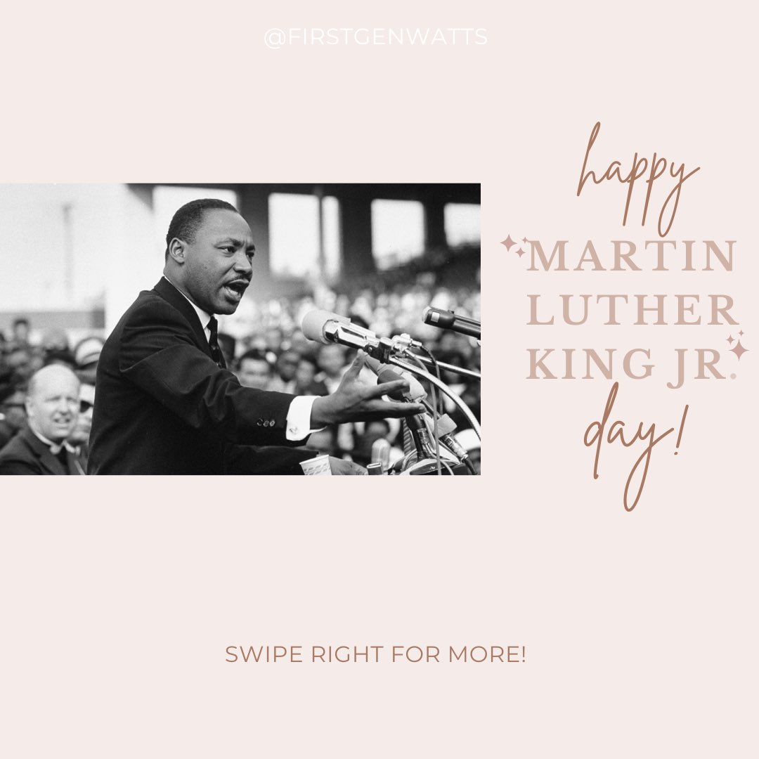 FirstGenWatts's tweet image. (1/2) Today we celebrate Martin Luther King Jr. Day and his legacy. We remember that “the time is always right to do what is right” 💟☮️ #MLKday #MLK 

✨We also have a link in our bio to asu.edu/mlk✨