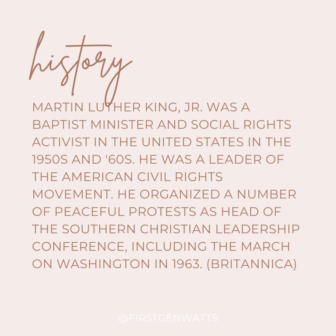 FirstGenWatts's tweet image. (1/2) Today we celebrate Martin Luther King Jr. Day and his legacy. We remember that “the time is always right to do what is right” 💟☮️ #MLKday #MLK 

✨We also have a link in our bio to asu.edu/mlk✨