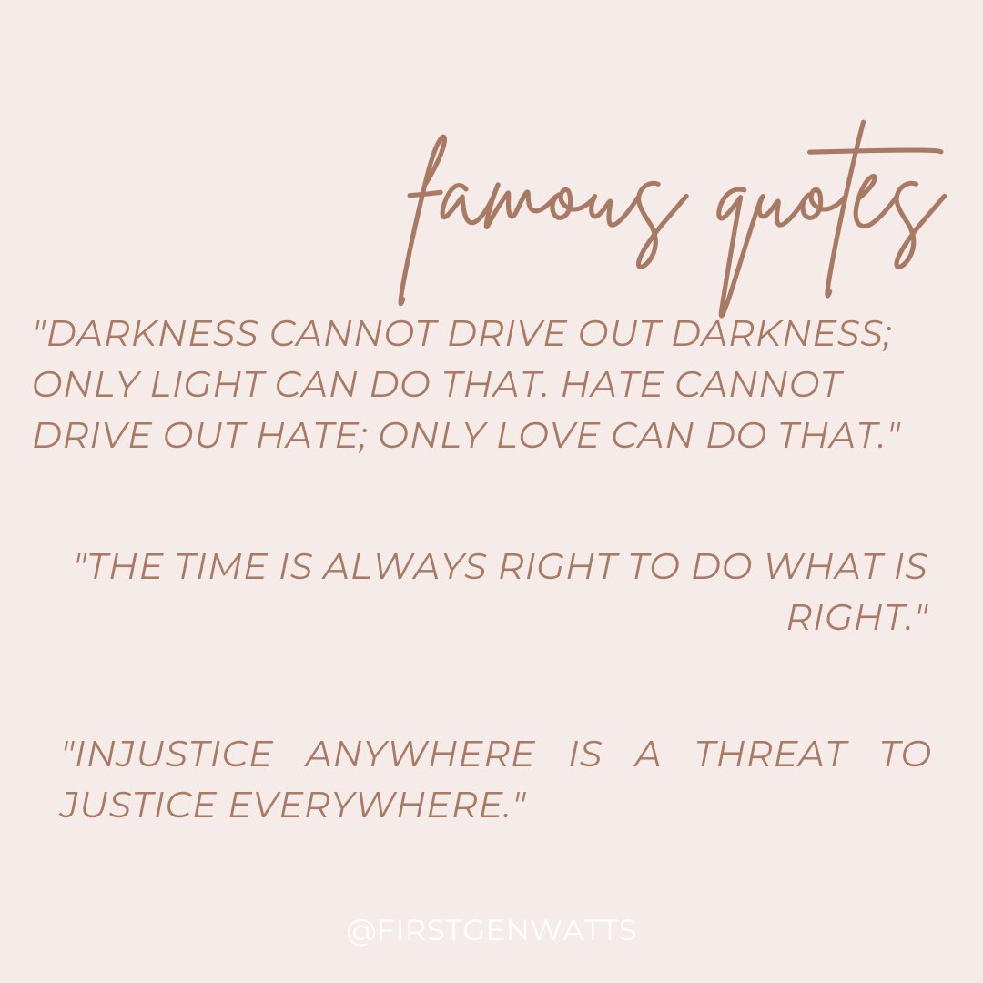 FirstGenWatts's tweet image. (1/2) Today we celebrate Martin Luther King Jr. Day and his legacy. We remember that “the time is always right to do what is right” 💟☮️ #MLKday #MLK 

✨We also have a link in our bio to asu.edu/mlk✨