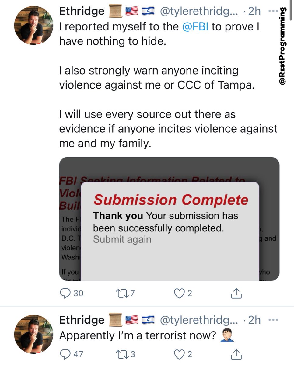 In what could be a first,  #PastorParler Tyler Ethridge, one of the Capitol terrorists, posted that he has reported himself to the FBI.And yes, you are a terrorist when you cause people to go into lockdown and fear for their lives in terror.  https://twitter.com/tylerethridge15/status/1351249488099364868