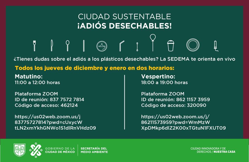 SEDEMA_CDMX's tweet photo. #QuédateEnCasa y resuelve tus dudas sobre el #AdiósALosDesechables en nuestras charlas virtuales. ¡Nos vemos el 21 y el 28 de enero! 💻
👉 Reuniones matutinas: https://t.co/PjWdFfrjSf 
👉 Reuniones vespertinas: https://t.co/IFtsQfkGym https://t.co/macdY4qEiW