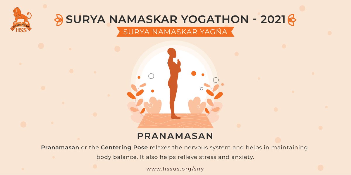 Let’s learn 10 Yoga postures of Surya Namaskar (Sun Salutations) and their benefits.Posture 1: Praṇāmāsan or centering pose relaxes the nervous system & helps in maintaining body balance. It also helps relieve stress & anxiety. #SNY #Yoga4Health #Yoga4Humanity  #HSSPromotesYoga