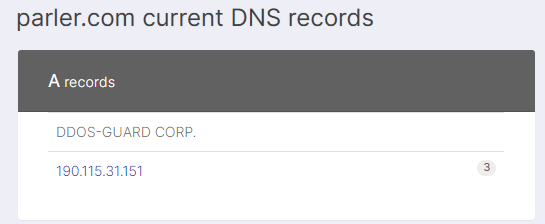 Confirming that Parler is now hosted by DDOS-Guard which is in turn owned by "Cognitive Cloud LP" which is owned by 2 Russian nationals. DDOS-Guard also hosts websites for Hamas.  https://krebsonsecurity.com/2021/01/hamas-may-be-threat-to-8chan-qanon-online/
