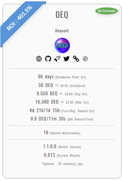 Dequant is now listed on mymasternodes 50 DEQ Coins are 1 Masternode. 
mymasternodes.host/#masternode