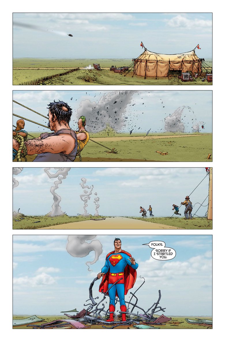 The art really sells the impact of this sequence. Love the way they rendered the rocket bouncing off the ground. If Clark wasn't invulnerable, this would be painful to look at.