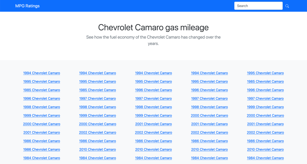 I started on the pages for each car model, showing all the years that the model was made/released. It looks like there's multiple options within each year that we'll need to account for. (I don't know anything about cars :))