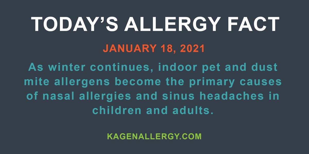 Today's daily allergy fact for January 18, 2021. Happy to see you. How may we help?  kagenallergy.com  
#allergy #allergies #pollen #petallergies #winterallergies #indoorallergens #allergyfacts #allergymom #childrensallergy