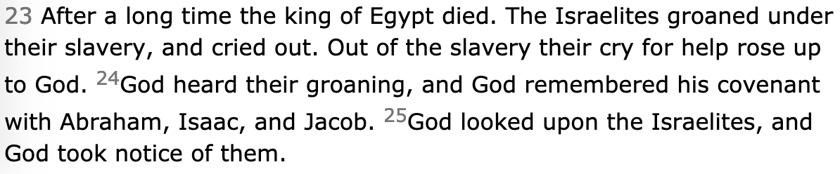 Or close to the start of Exodus, anyway. There's a listing of the genealogy of Hebrews in Egypt, a description of the Israelite oppression, a brief biography of Moses, and then this curious part:
