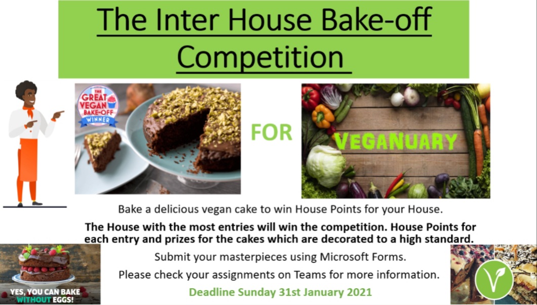 We are holding a Bake-off for #Veganuary. Pupils, parents and staff are asked to bake a #vegan cake. House with the most entries will win. Prizes for cakes that are decorated to a high standard. All information is available on pupils' Teams. Let's get baking! 🍰👨‍🍳👩‍🍳 <a href="/TCSDulwich/">The Charter School North Dulwich</a>