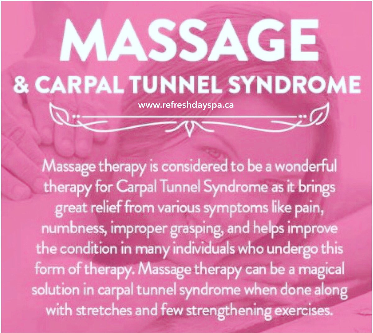 The causes of #CarpalTunnel syndrome are often associated with repetitive motion, such as working at a computer all day, for example, though other factors can come into play, as well. All massages are preformed by RMTs. info@refreshdayspa.ca to book an appointment #MassageTherapy