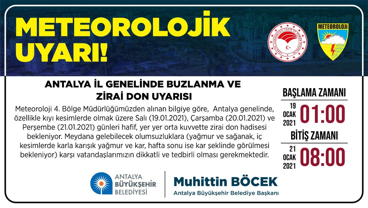 ANTALYABB's tweet photo. Meteoroloji Bölge Müdürlüğü'nün tahminlerine göre ilimiz soğuk ve yağışlı havanın etkisine giriyor. Tüm hemşerilerimizi buzlanma ve zirai don riskine karşı tedbirli olmaya davet ediyoruz. #BizBirlikteGüçlüyüz https://t.co/AVMPBjY35Y