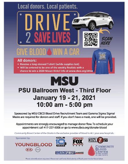Hey <a href="/MissouriState/">Missouri State</a> bears! Donate blood this week, January 19-21, in PSU Ballroom West! Enter in to win a car, get a free shirt, and most importantly 🌟make a difference🌟