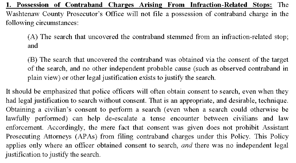 Specifically: we won’t authorize “contraband” charges if an officer pulls someone over for a minor traffic violation, then (without any legally justifiable suspicion another crime has actually occurred) obtains consent to search that person or their vehicle. /8