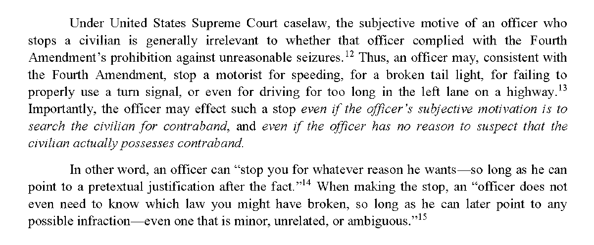 At the outset, some background as to just how racial profiling operates. Under SCOTUS precedent, a police officer can pull you over for *any* reason (even the most minor traffic stop) even if what they really want to do is fish around to see if you have, e.g., drugs. /2