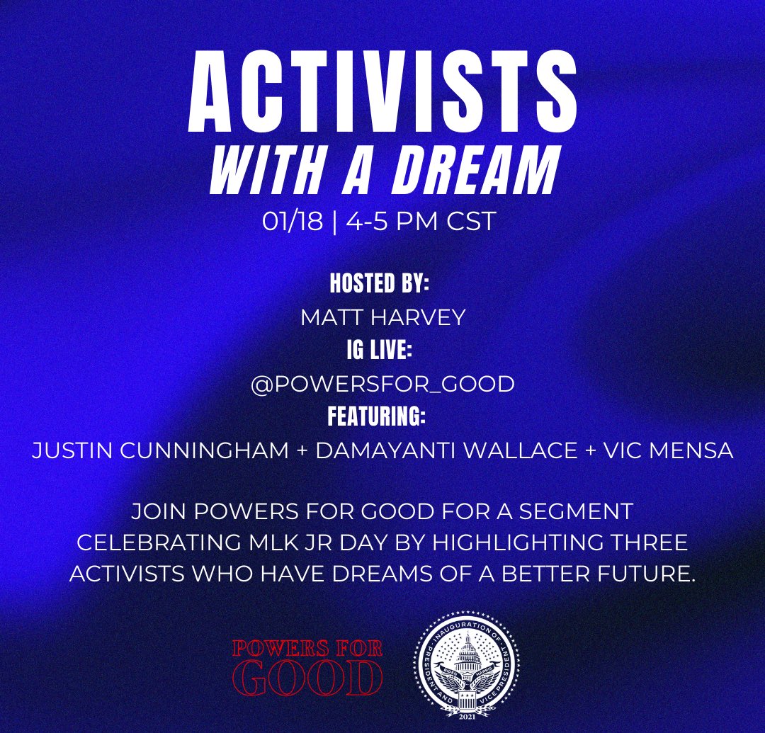 eviethecool's tweet photo. HAPPY MARTIN LUTHER KING JR DAY ❤️ 

join @POWERSFOR_GOOD for a day of digital programming created to support and highlight individuals. ✊🏽

love to everyone involved. a special thank you to the presidential inauguration committee for supporting and promoting our events. 🖤 https://t.co/7ESd5dj8xe