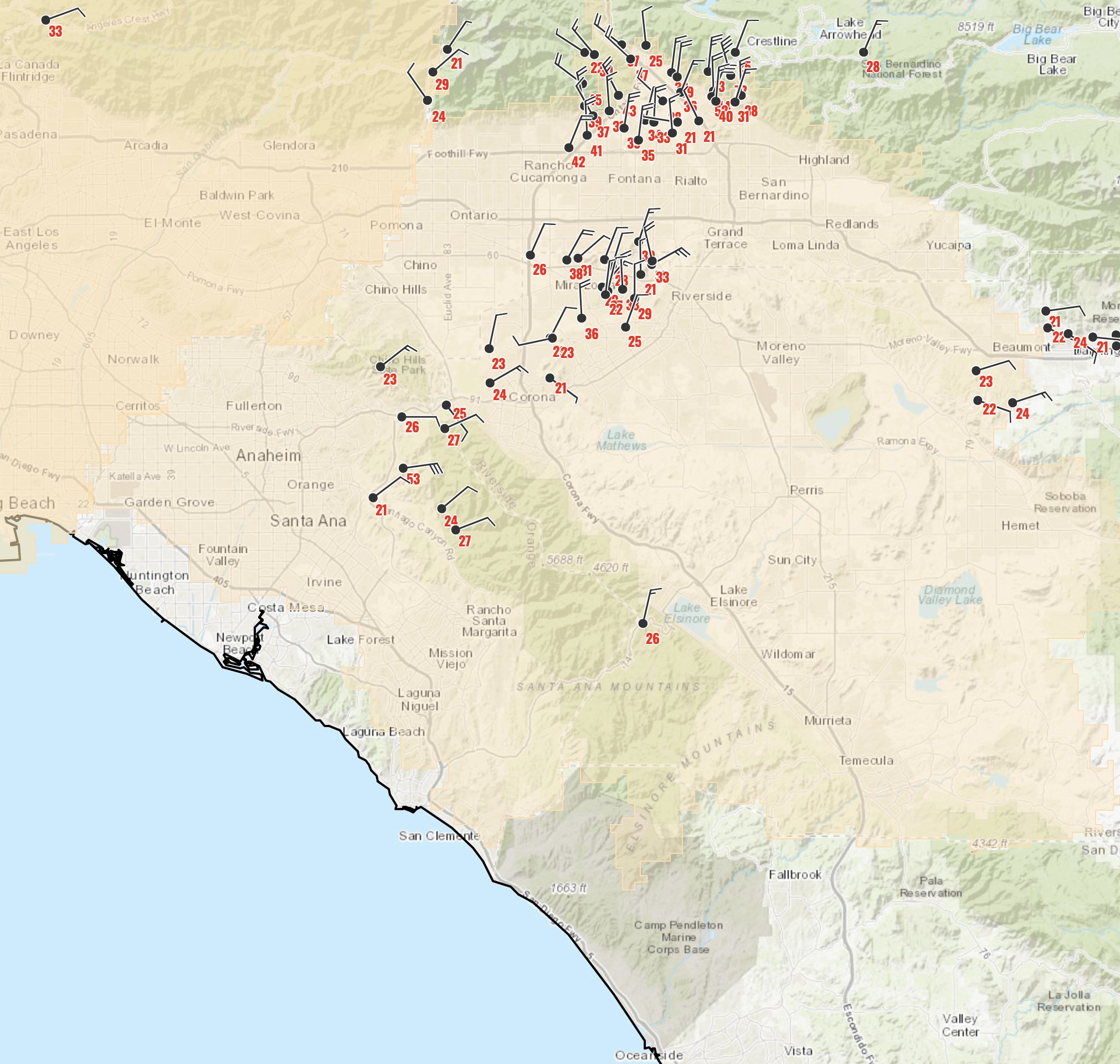Santa Ana Mountains Map Oc Fire Watch On Twitter: "Red Flag Warning In Effect From 10 Pm This  Evening To 10 Pm Pst Tuesday For Strong #Gusty #Winds And Low #Humidity For  The Inland Empire, Santa