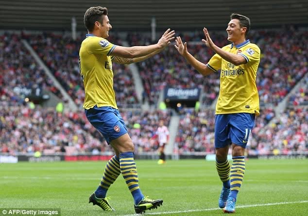 Özil gets an assist on his debut vs Sunderland after just 11 minutes. Arsenal win 3-1.