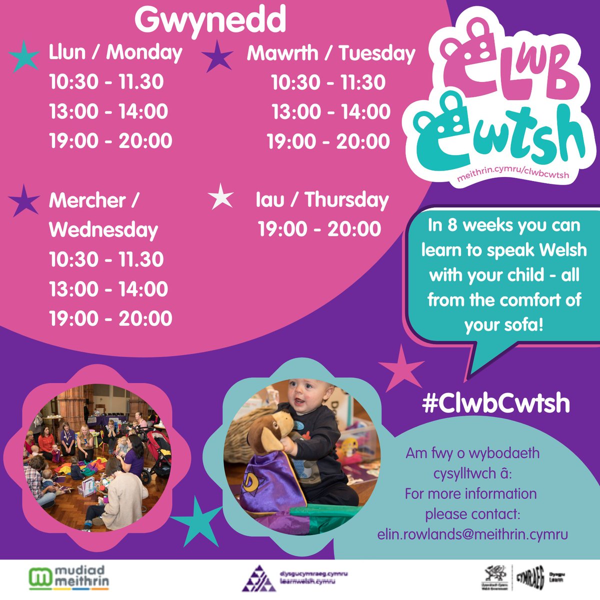 Elin Clwb Cwtsh (@ecwtsh) on Twitter photo ๐ The next series of Clwb Cwtsh starts on January 25th 2021! The advantages:
๐ Learn #Welsh for free
๐Start learning from home
๐ Focus on language you use at home
๐ Learn through song, game playing in 60 minute sessions
๐ง
clwbcwtsh@meithrin.cymru
#Welshforall ๐ The next series of Clwb Cwtsh starts on January 25th 2021! The advantages:
๐ Learn #Welsh for free
๐Start learning from home
๐ Focus on language you use at home
๐ Learn through song, game playing in 60 minute sessions
๐ง
clwbcwtsh@meithrin.cymru
#Welshforall