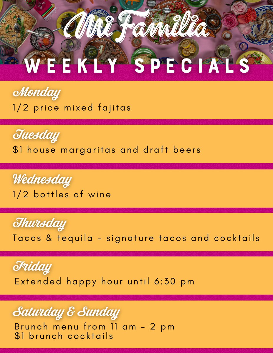mifamiliarim's tweet photo. New year, new weekly specials! Join us today for 1/2 price mixed fajitas, dine-in only! https://t.co/b9P56lyonF