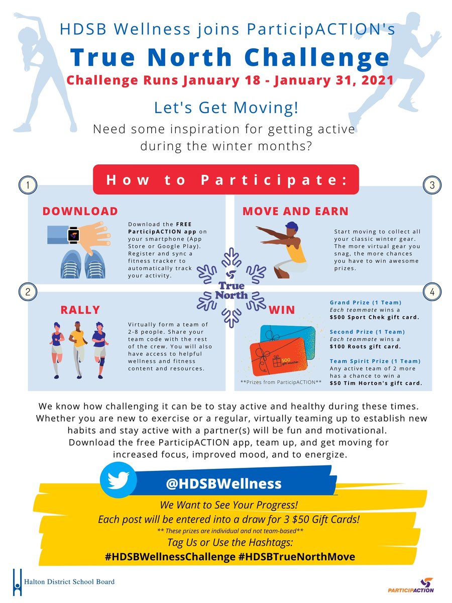 HdsbWellness's tweet photo. We get it. It’s dark. It’s cold. The holidays are over. That’s why we partnered with @ParticipACTION to help lift our spirits through physical activity and embrace winter!   
Welcome to our True North challenge.❄️https://t.co/T1aXC9LGw5 #HDSBWellnessChallenge #HDSBTrueNorthMovie https://t.co/arUDyrZ9iO