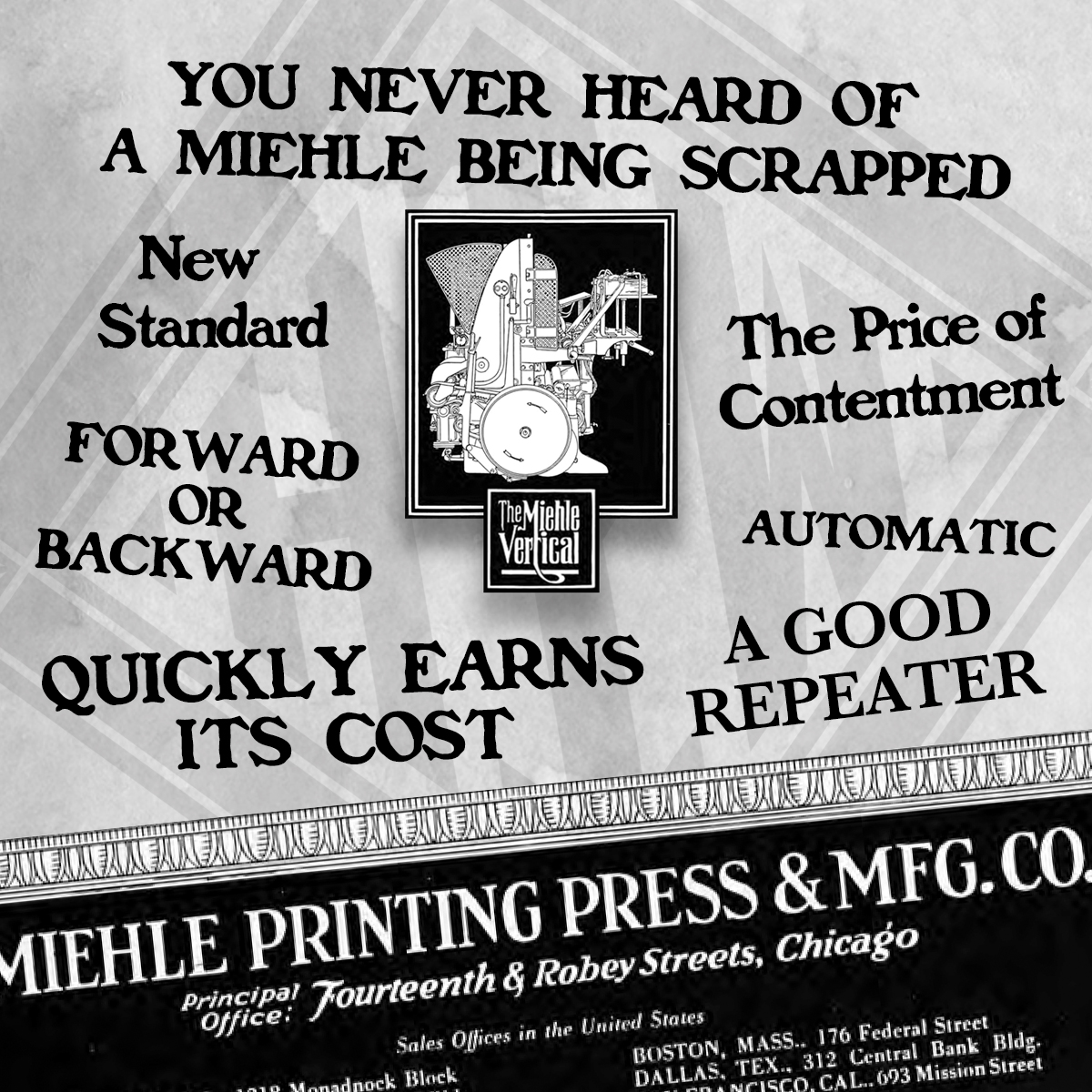 HowardIronWorks's tweet photo. Debuted in #Toronto in 1921, #MiehleVertical has its place in #printinghistory. It was met with some skepticism by pressmen because of its radical departure from the conventional flat-bed cylinder presses used previously. The new #Miehle soon won over the press operators. https://t.co/XNTqwEcdCD