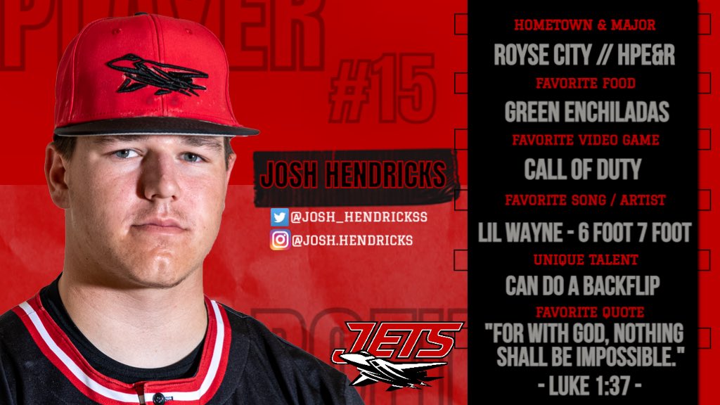 Northern Oklahoma College Jets Baseball (@nocenidjets) on Twitter photo 1️⃣5️⃣DAYS UNTIL OPENING DAY‼️
PLAYER SPOTLIGHT 🔦
#️⃣1️⃣5️⃣
Josh Hendricks (<a href="/Josh_Hendrickss/">Josh Hendricks</a>)
OF
Royse City, TX
✈️⚾️‼️ 1️⃣5️⃣DAYS UNTIL OPENING DAY‼️
PLAYER SPOTLIGHT 🔦
#️⃣1️⃣5️⃣
Josh Hendricks (<a href="/Josh_Hendrickss/">Josh Hendricks</a>)
OF
Royse City, TX
✈️⚾️‼️