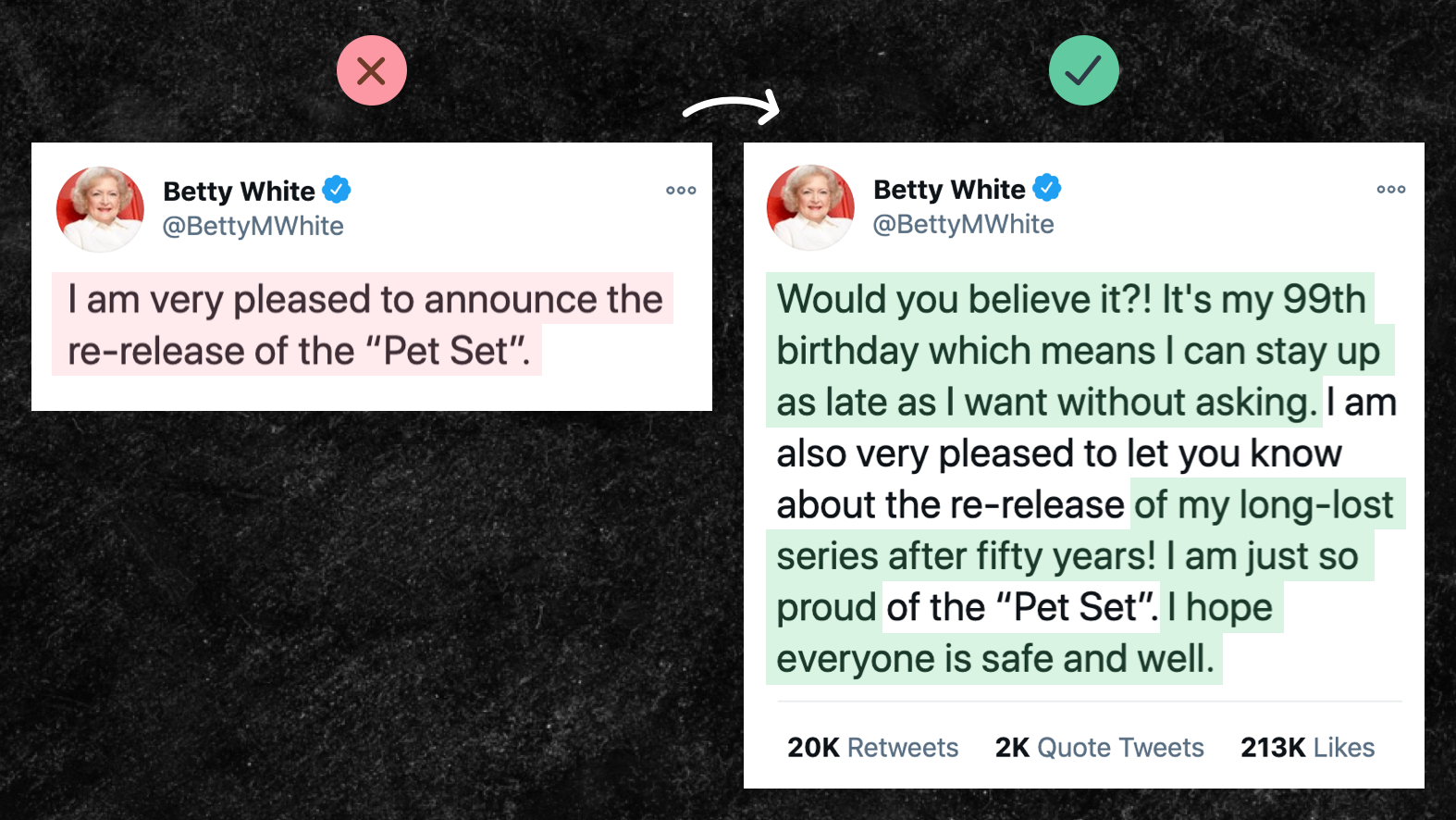 Photo of a side-by-side tweet comparison. The bad tweet on the left reads "I am pleased to announce the re-release of the pet set. The good tweet on the right reads "Would you believe it? It's my 99th birthday which means I can stay up as late as I want without asking. I am also very pleased to let you know about the re-release of my long-lost series after fifty years! I am just so proud of the pet set. I hope everyone is safe and well."